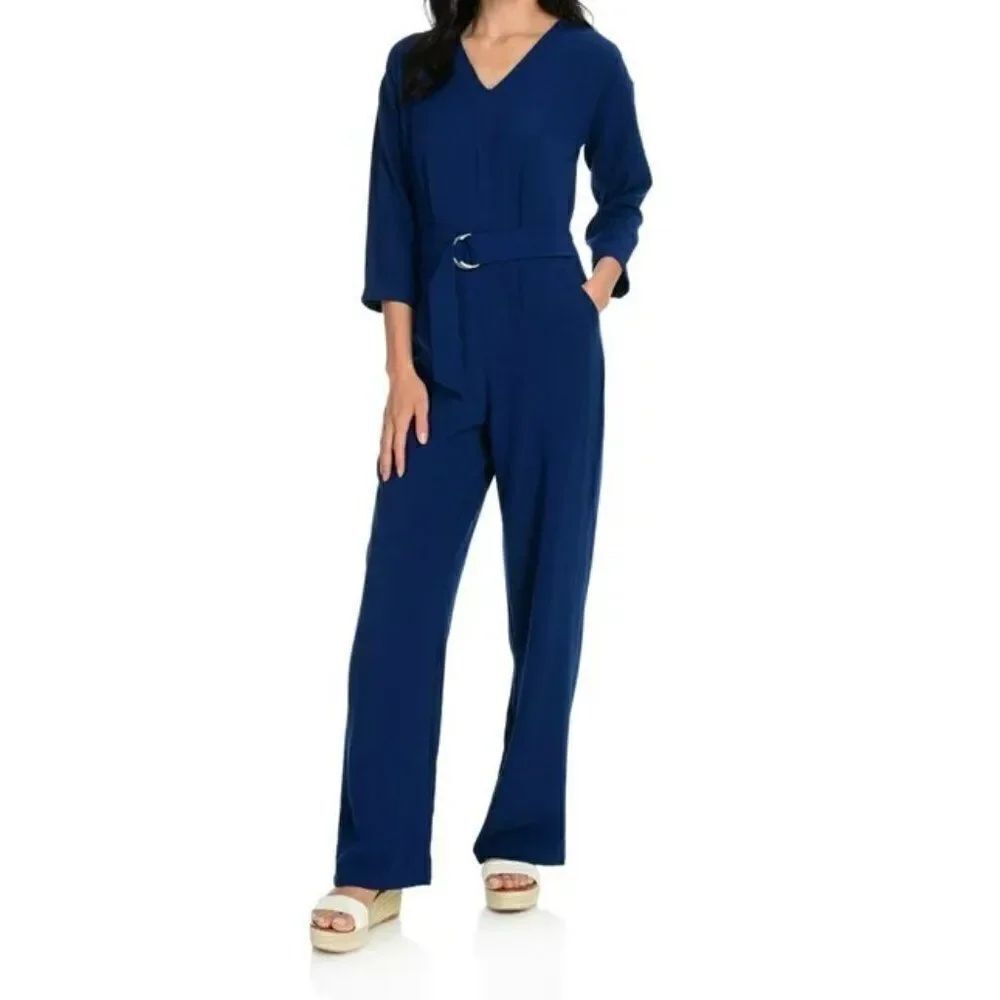 Kate & Mallory Blue V-Neck High Waisted D-Ring Belted Wide Leg Jumpsuit, size L